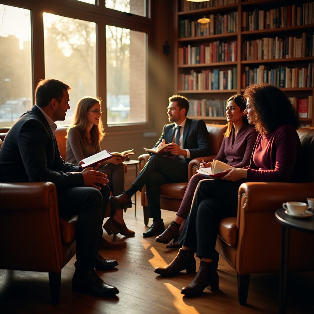 Book club meeting in cozy bookshop setting